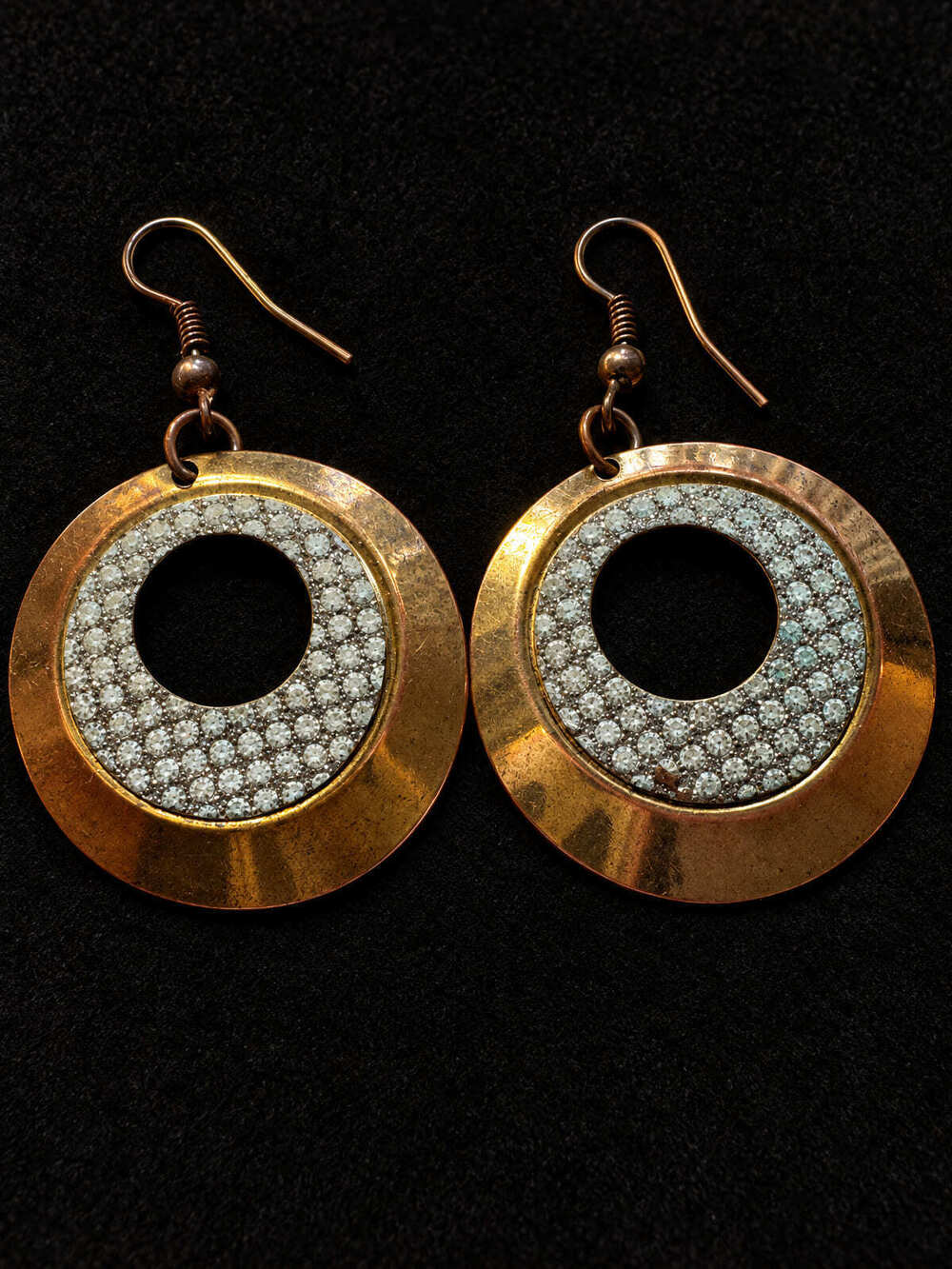 ⚜️ Disk Drop Earrings | Mod-style | Gold-Tone Pavé Copper-Tone Hook 💗
